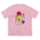 prunelleのインコと花 ビッグシルエットTシャツ