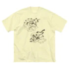 もしもしこちら文鳥の文鳥風神雷神図　モノクロ ビッグシルエットTシャツ