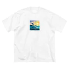 itacyoko(AIイラスト屋)の夕暮れで飛ぶイルカ ビッグシルエットTシャツ