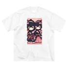 ニンニン忍者パンの桜柄の忍者服を身にまとうキュートな忍者イラスト ビッグシルエットTシャツ
