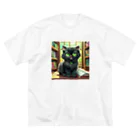 yoiyononakaの図書室の黒猫01 ビッグシルエットTシャツ