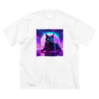 黒猫ファブリックのBlack Cat in The VaporWave World.(蒸気波世界のクロネコ) 루즈핏 티셔츠