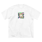 キュート＆クールのアニメ調・花畑の猫 ビッグシルエットTシャツ