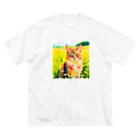 猫好きの谷の猫の水彩画/花畑のマンクスねこのイラスト/キジトラネコ ビッグシルエットTシャツ