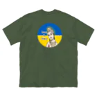 諭苑のSUZURI店のLove＆Peace観世音菩薩ウクライナ国旗背景 ビッグシルエットTシャツ