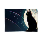 黒猫と珈琲の月夜を眺める黒猫 ブランケット