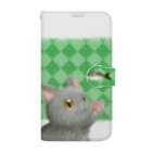 かわいいもののおみせ　いそぎんちゃくのお魚にゃーvar.3もふもふ　灰猫　グリーン　ダイヤ柄　上下白ライン　肉球マーク付き Book-Style Smartphone Case