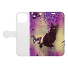 live with catsの黒猫と藤の花 Book-Style Smartphone Case:Opened (outside)