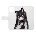 ケモ耳美少女キツネちゃん（AIart）の長い黒髪の愛らしい獣耳の少女 Book-Style Smartphone Case:Opened (outside)