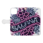 N SAUNA LOGOのネオン風花柄サウナロゴ11　花柄ver.4 手帳型スマホケースを開いた場合(外側)