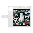 EMAKIの和紋様 x 猫　鯉と桜と波 Book-Style Smartphone Case:Opened (outside)