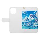 snow-birdの海で遊ぶイルカたちの楽しい風景 Book-Style Smartphone Case:Opened (outside)