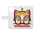 kk-welcomeの肉球で目隠し猫ちゃん 手帳型スマホケースを開いた場合(外側)