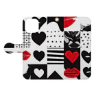 オンラインショップイエローリーフのハート　赤　黒　唇　三角形　ハーフ　可愛い 手帳型スマホケースを開いた場合(外側)