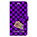 サムライデザインウォレットフォンケースの紫黒ブロックチェック×バラ 手帳型スマホケース