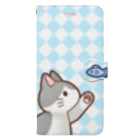 かわいいもののおみせ　いそぎんちゃくのお魚にゃーバージョン２　灰白猫　ブルーダイヤ柄 Book-Style Smartphone Case