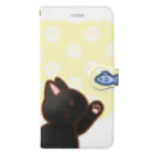 かわいいもののおみせ　いそぎんちゃくのお魚にゃーバージョン２　黒猫　イエロー肉球柄　上下白ライン Book-Style Smartphone Case