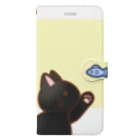 かわいいもののおみせ　いそぎんちゃくのお魚にゃーバージョン２　黒猫　イエロー　上下白ライン 手帳型スマホケース