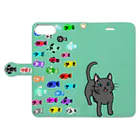 モチクマの猫とお魚柄（グリーン） Book-Style Smartphone Case:Opened (outside)