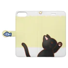 かわいいもののおみせ　いそぎんちゃくのお魚にゃーバージョン２　黒猫　イエロー　上下白ライン Book-Style Smartphone Case:Opened (outside)