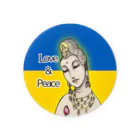 諭苑のSUZURI店のLove＆Peace観世音菩薩ウクライナ国旗背景 缶バッジ