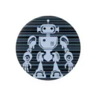 mirinconixの黒と青みがかったグレーのボーダー地にレトロなロボットのシルエット 缶バッジ
