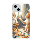 ニャーちゃんショップのネコを描くネコ Clear Smartphone Case