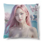 AI goddessの桜と川と青空と、ピンクの髪の女の子 Cushion