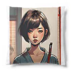 ワンダーワールド・ワンストップのおかっぱ頭のミステリアスな女性画家 Cushion