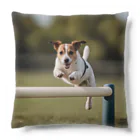 jackrussellvibes___のハードルをジャンプしているジャックラッセルテリア Cushion