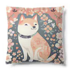 Grazing Wombatの日本画風、柴犬と桜-Japanese-style painting of a Shiba Inu with cherry blossoms クッション