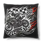 the blue seasonのスピードと情熱の象徴：バイクとレースフラッグのワイルドロゴ Cushion