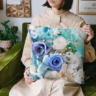 meke flowersのマリンブルーローズとシェルのおしゃれな花柄 Cushion