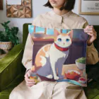 ニコちゃんのご飯の前で座り込む仕草の猫 Cushion