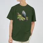 野鳥生活のヒヨドリとさくらんぼ（濃色） ドライTシャツ