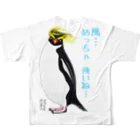 LalaHangeulの風に吹かれるイワトビペンギンさん(文字ありバージョン) バックプリント All-Over Print T-Shirt :back