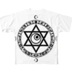 KIKITEKI_LABORATORYの魔法陣×六芒星×目玉 BLACK フルグラフィックTシャツ