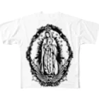 Cɐkeccooのルルドのマリア-ブラック フルグラフィックTシャツ