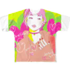 HARUKA カラフル イラスト 女の子 Tシャツのショートカット＆ハートgirl フルグラフィックTシャツ