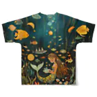 人魚堂の宝石を眺める人魚のフルグラフィックＴシャツ Full graphic T-shirt of a mermaid gazing at jewels フルグラフィックTシャツの背面