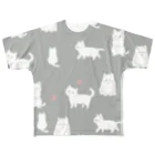 小鳥と映画館の白猫いっぱい グレー フルグラフィックTシャツ
