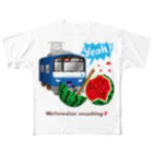 Train Kids! SOUVENIR SHOPの青い電車 「 スイカ割り 」 フルグラフィックTシャツ
