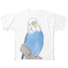 まめるりはことりのセキセイインコちゃんと止まり木【まめるりはことり】 フルグラフィックTシャツ