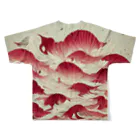 変なAIばっかのＴシャツ屋さんの飛びクジラ赤　AI葛飾北斎 フルグラフィックTシャツの背面