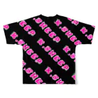 K.SHEEPのピアスロゴ(ショッキングピンクフィル)【ブラック】 All-Over Print T-Shirt :back