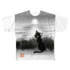 BATKEI ARTの月夜の海と黒猫と フルグラフィックTシャツ