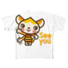 ザ・ワタナバッフルのマロンヘッドのネコ”see you” フルグラフィックTシャツ