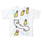 ダイナマイト87ねこ大商会のエビフライの雨をひらりと避けるねこです All-Over Print T-Shirt