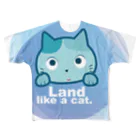 夙川育ち＠ネットショップのLand like a cat blue　〜　夙川育ち フルグラフィックTシャツ