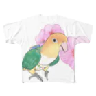 まめるりはことりのお花とシロハラインコちゃん【まめるりはことり】 フルグラフィックTシャツ